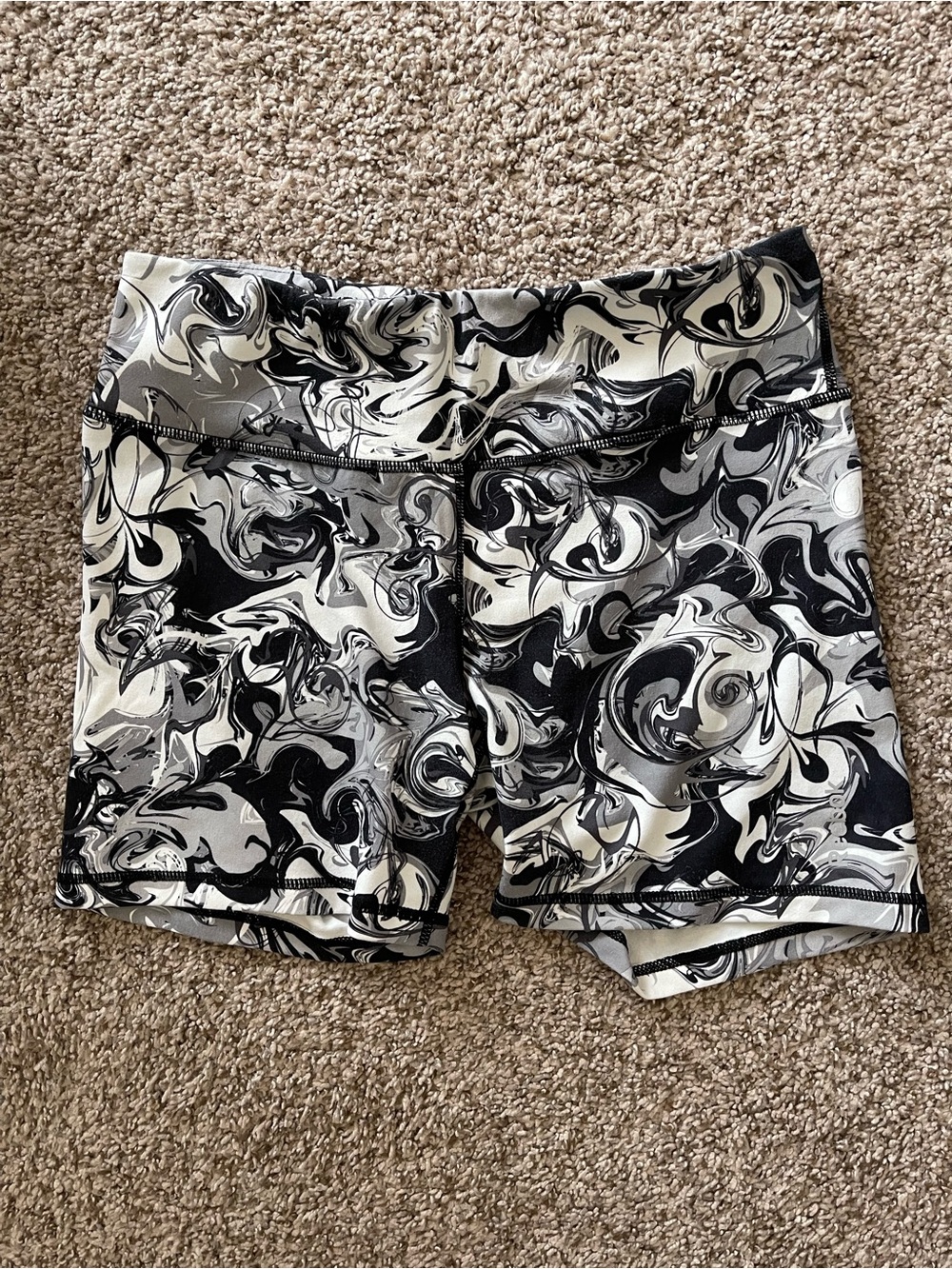 Reebok Black & White Marble-Print Bike Shorts